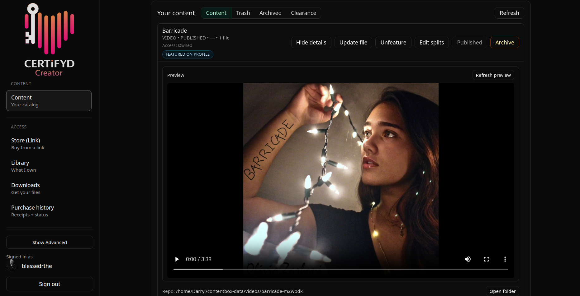 Certifyd Creator view showing publishing with attribution and collaborator context