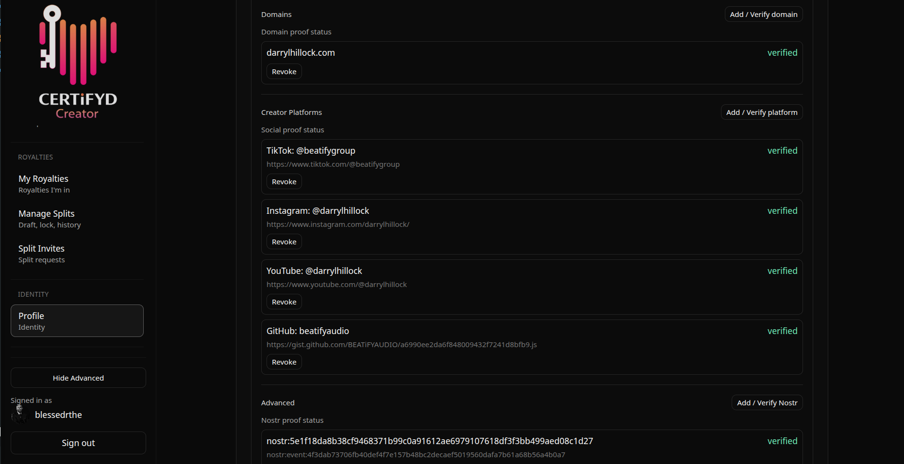 Creator identity panel with verification fingerprint and proof state