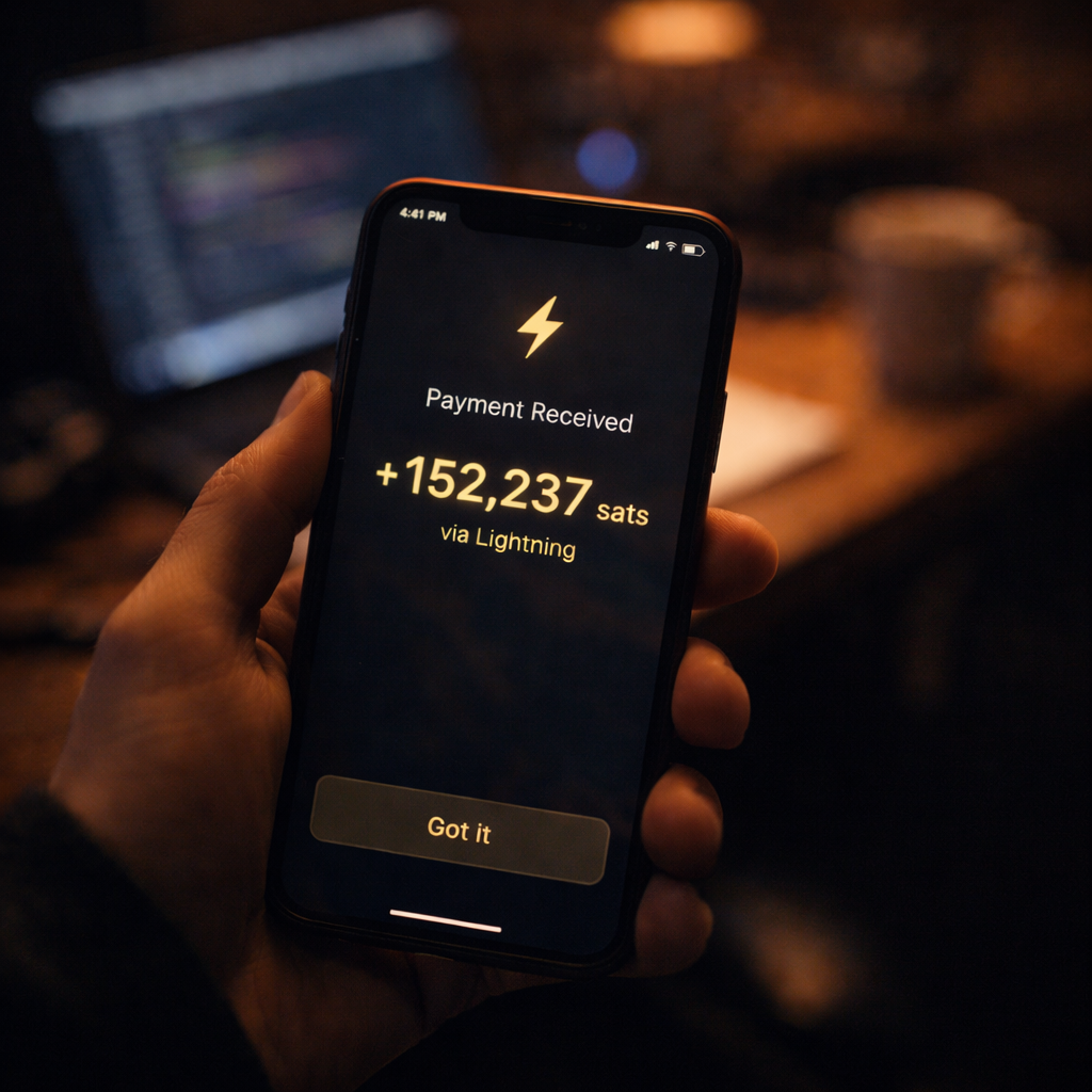 Mobile payment confirmation showing sats received via Lightning