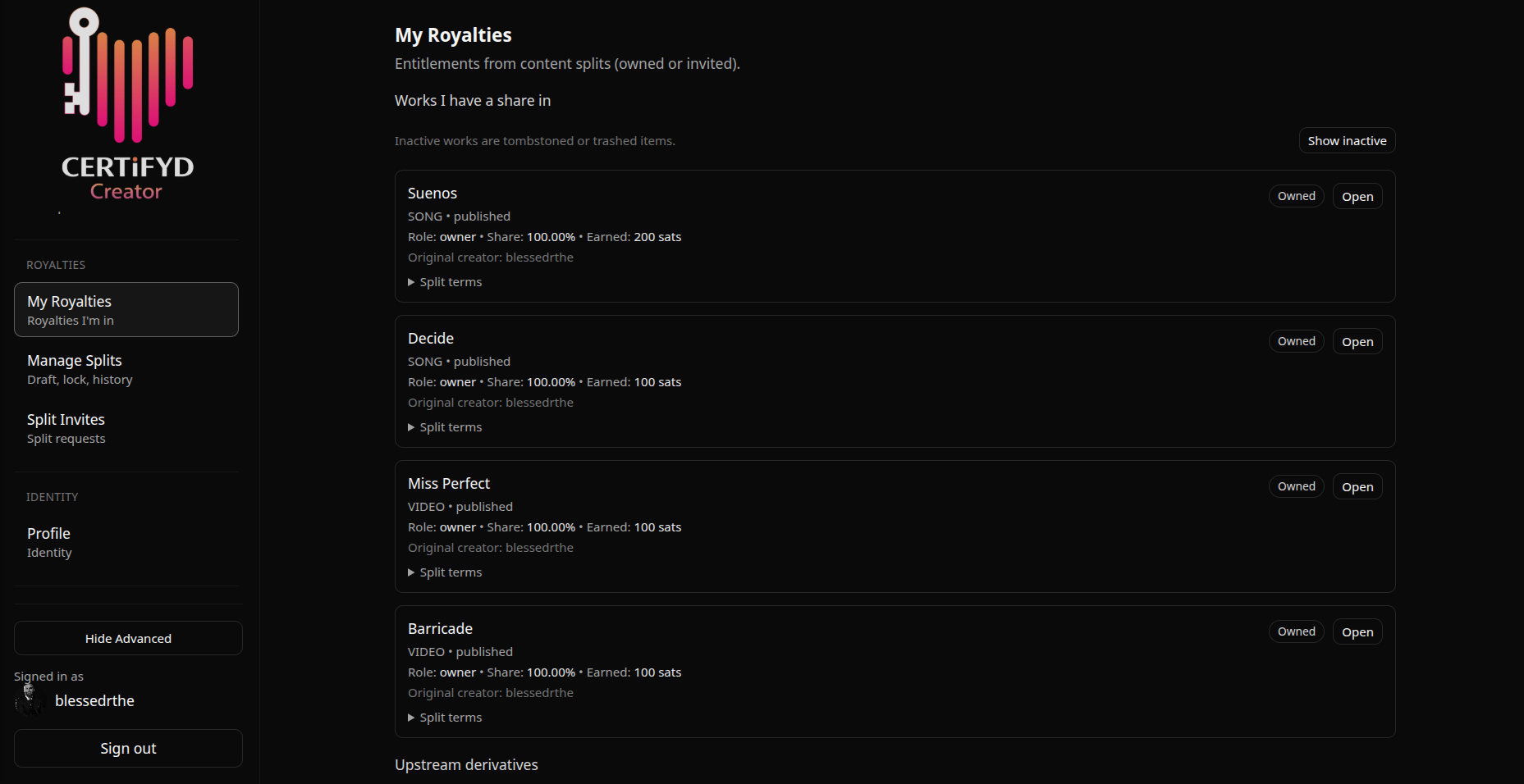 Royalties view showing contributor attribution and split details